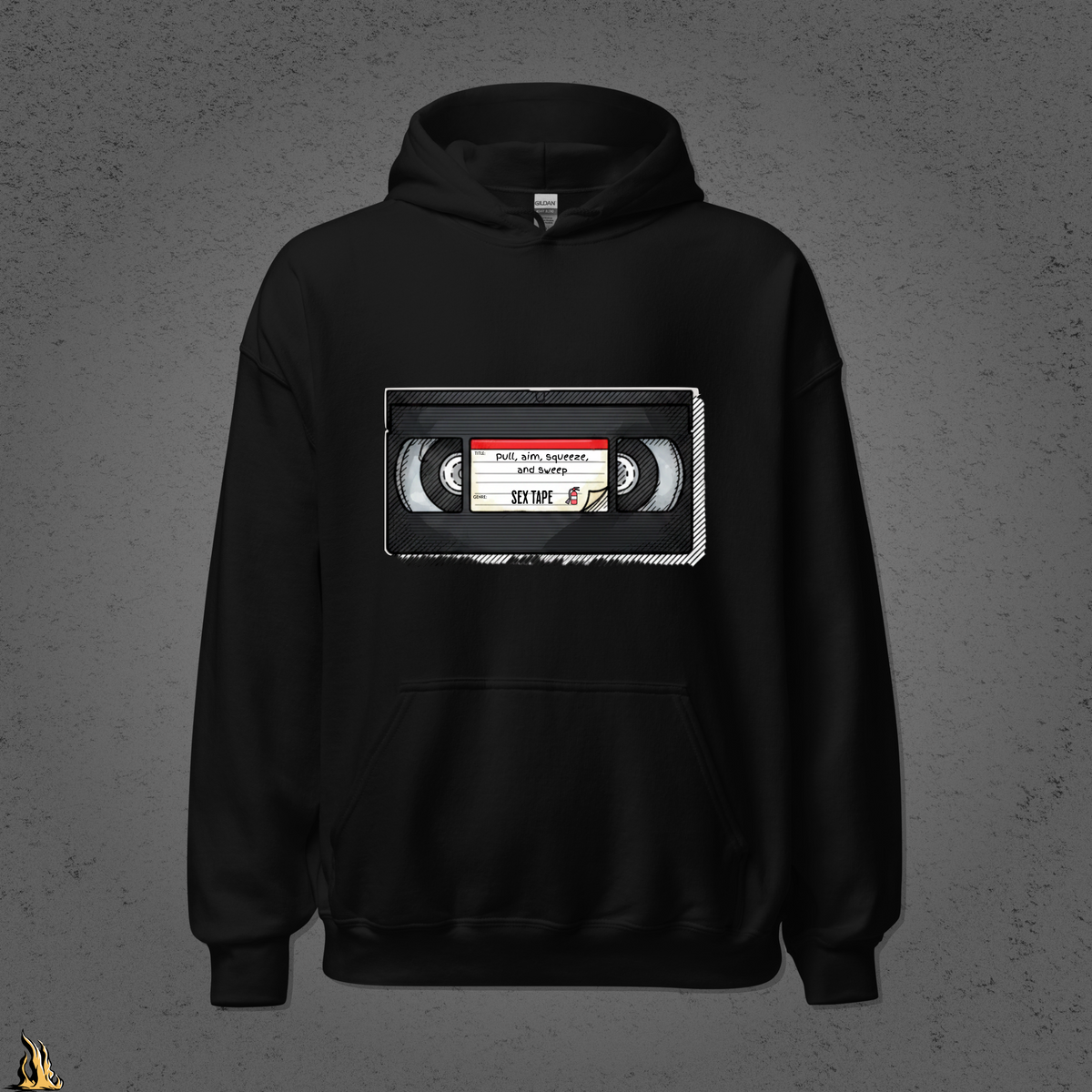 Pull, Aim, Squeeze, Sweep Bunnyhug – Fire Safety Sex Tape Hoodie