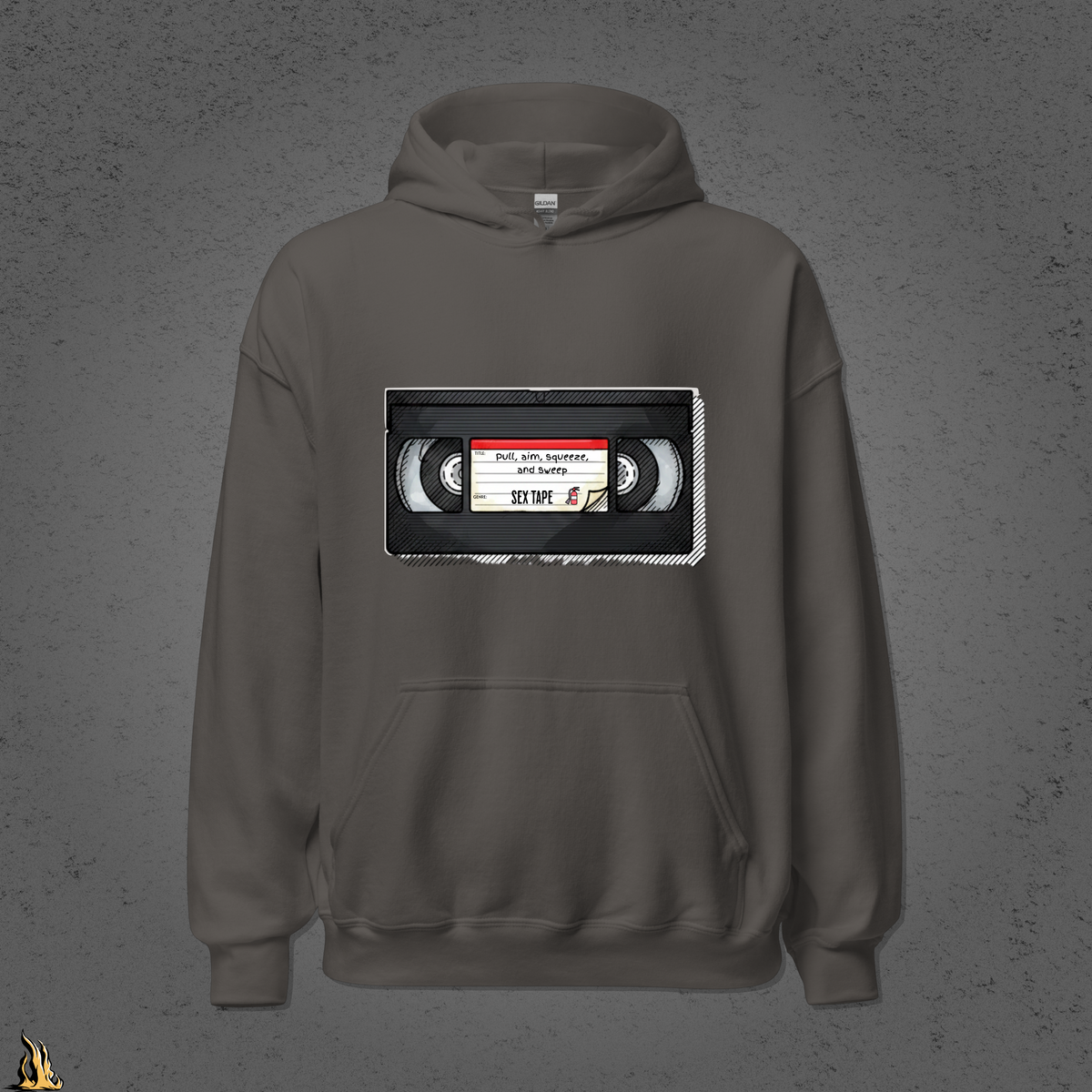 Pull, Aim, Squeeze, Sweep Bunnyhug – Fire Safety Sex Tape Hoodie