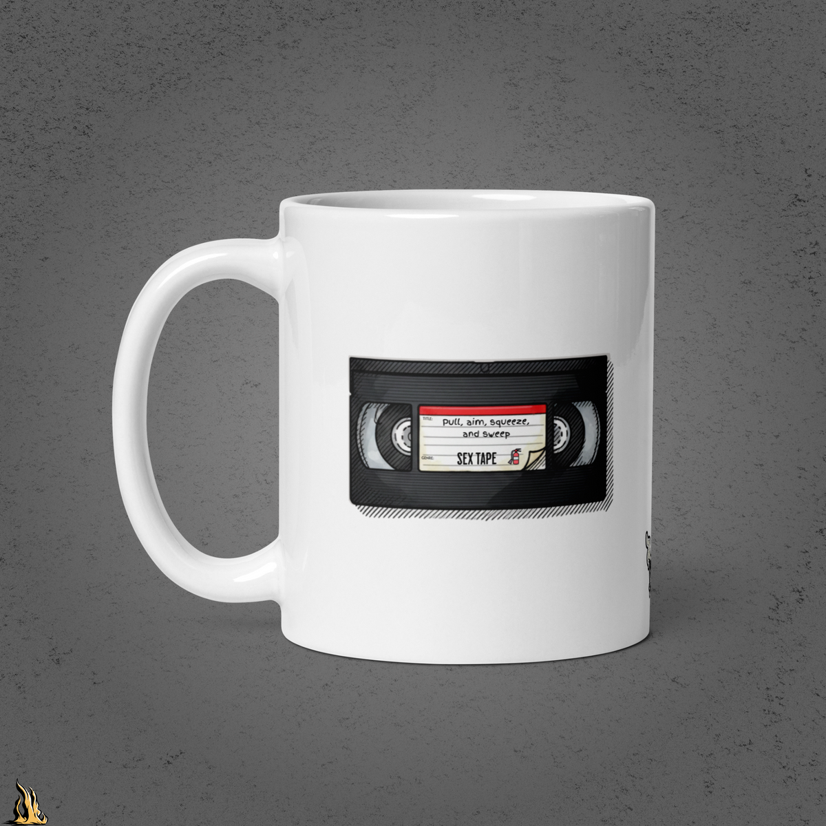 Pull, Aim, Squeeze, Sweep – Fire Safety Sex Tape Mug