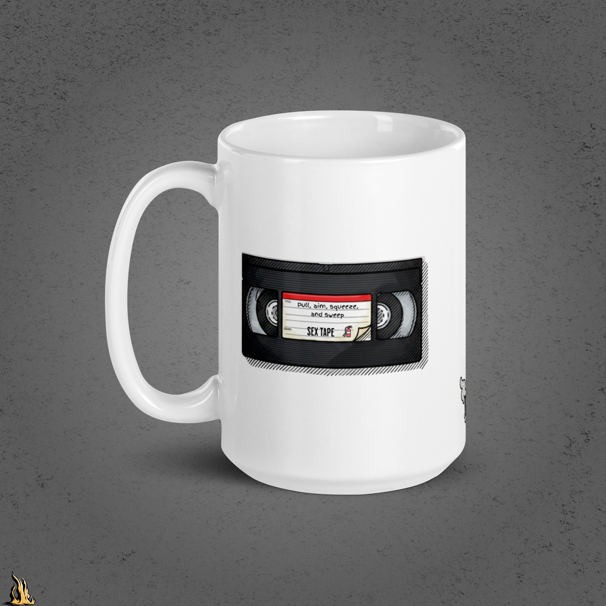 Pull, Aim, Squeeze, Sweep – Fire Safety Sex Tape Mug