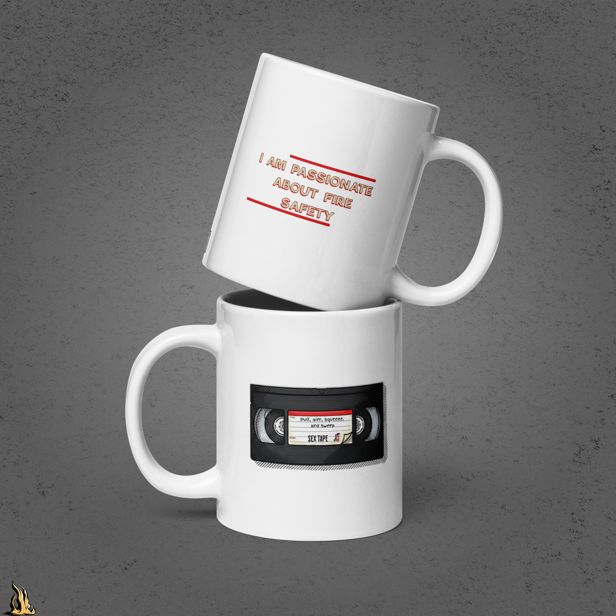 Pull, Aim, Squeeze, Sweep – Fire Safety Sex Tape Mug