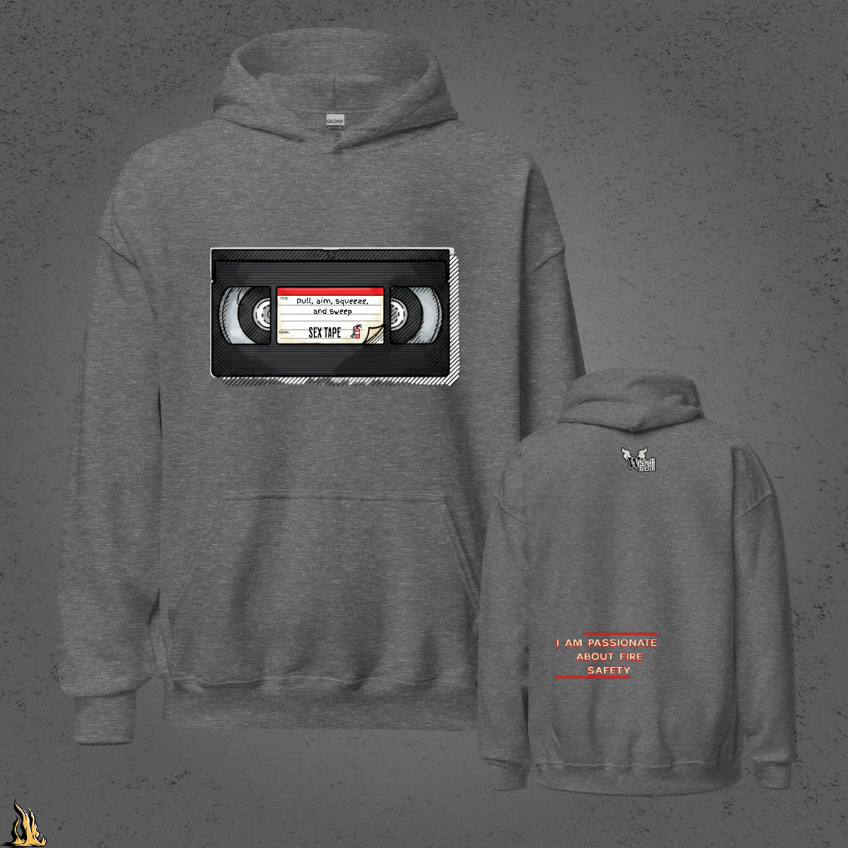 Pull, Aim, Squeeze, Sweep Bunnyhug – Fire Safety Sex Tape Hoodie